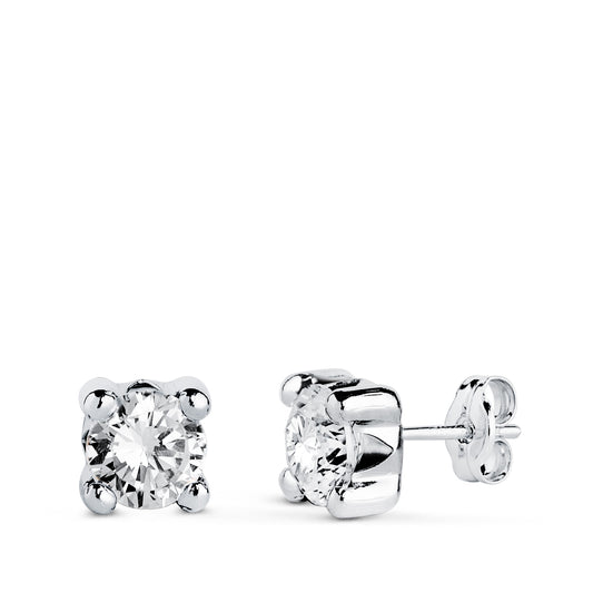 9K PENDIENTES ORO BLANCO CIRCONITA 5 MM 4 GARRAS CIERRE PRESION