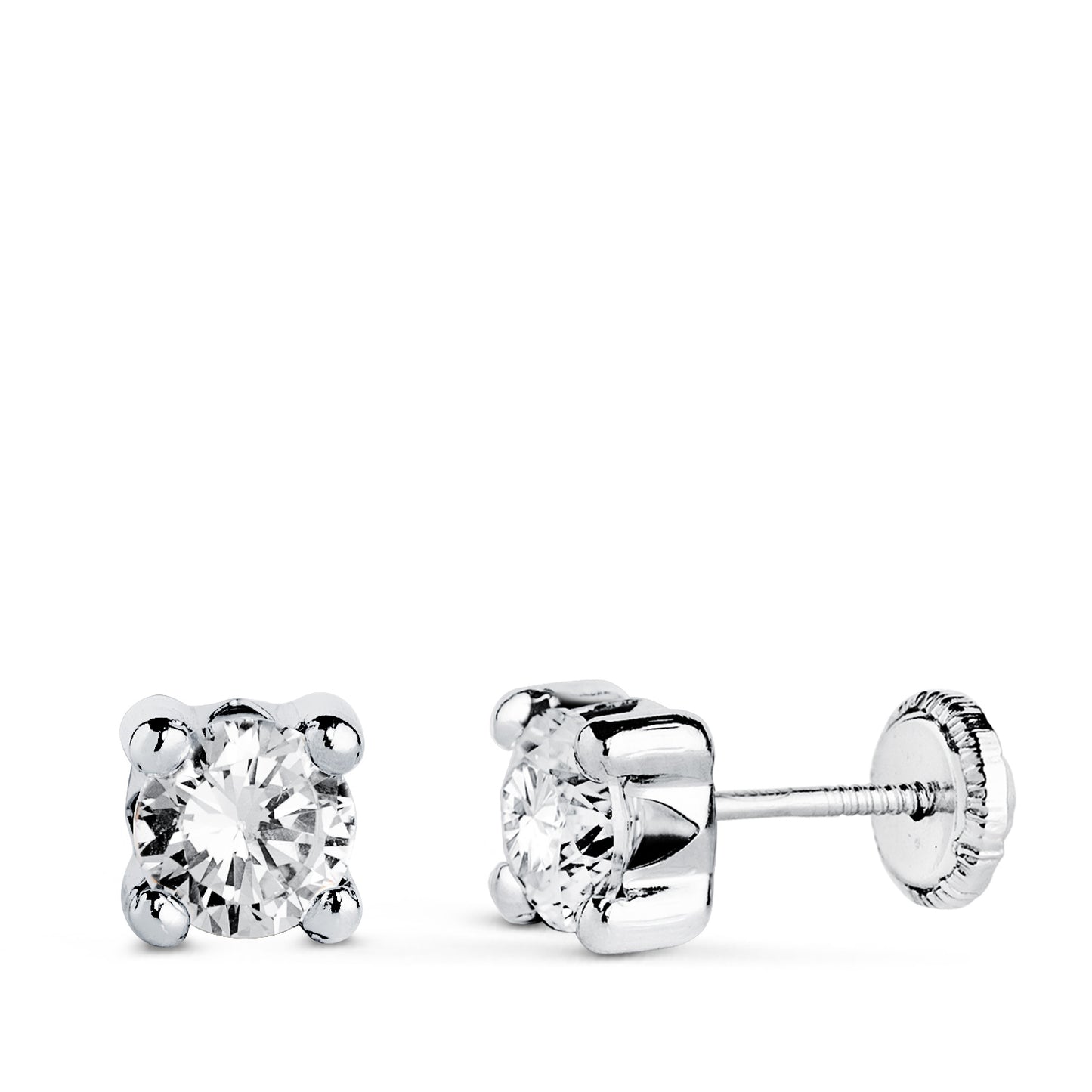 18K PENDIENTES ORO BLANCO CIRCONITA 5MM CON 4 GARRAS. ANCHO: 5,5 MM. CIERRE TUERCA