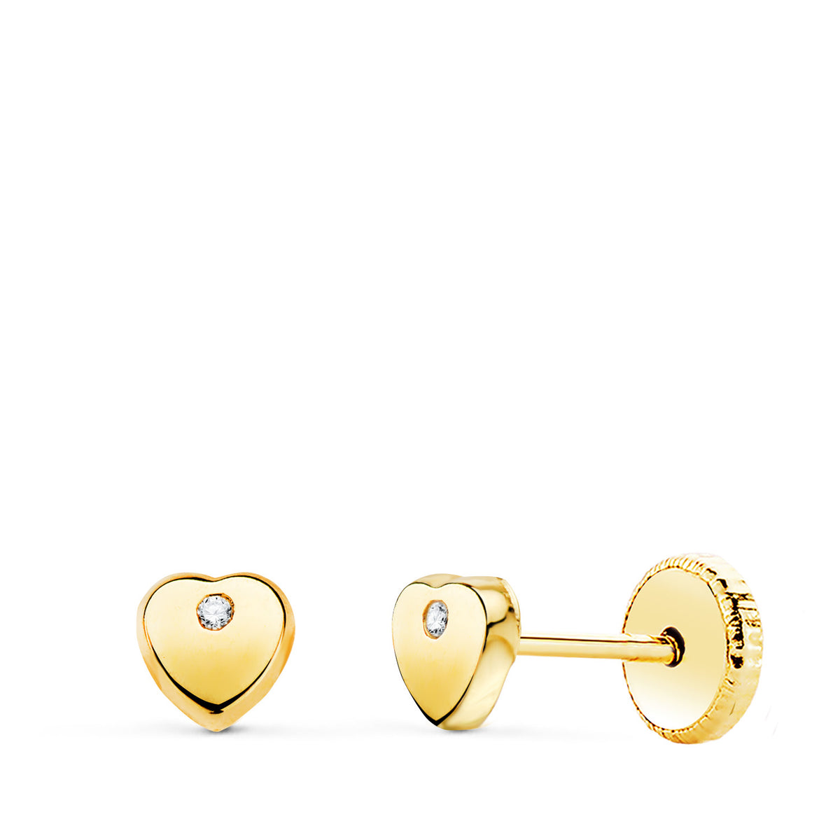 Pendientes Corazon con Circonita Brillo 4 x 4 mm. Cierre Tuerca de oro amarillo 18K