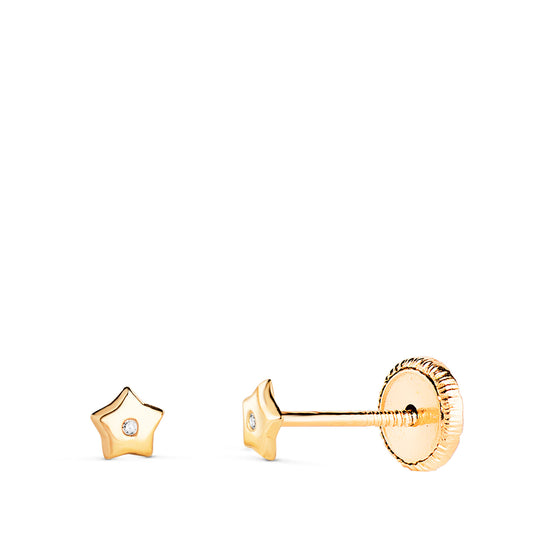 Pendientes Estrella con Circonita. Medida: 3,5 x 3,5 mm. Cierre Tuerca de oro amarillo 18K