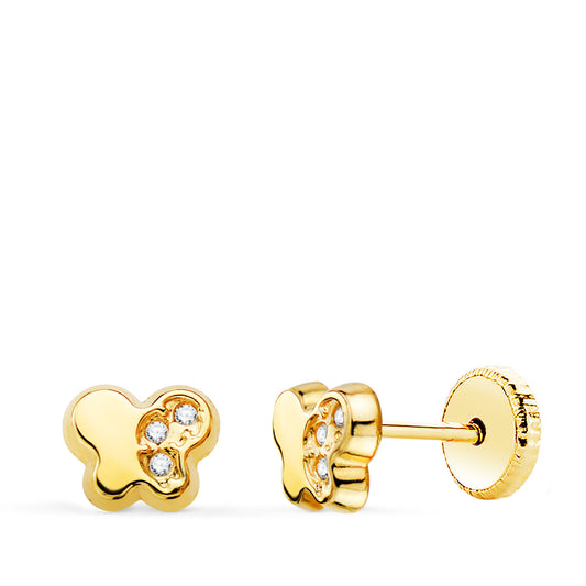 Pendientes Mariposa con Circonita 5,5 x 4,5 mm. Cierre Tuerca de oro amarillo 18K