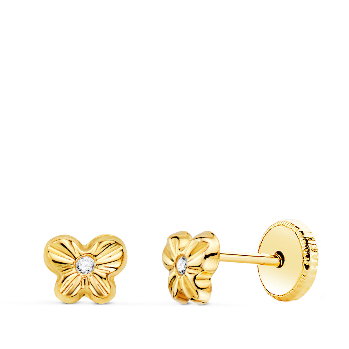 Pendientes Mariposa con Circonita 5,5 x 4 mm. Cierre Tuerca de oro amarillo 18K