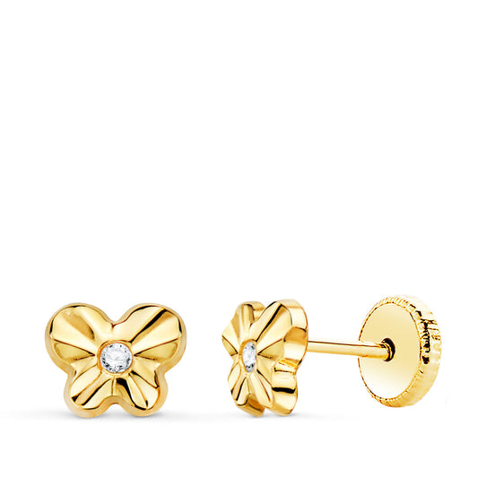 Pendientes Mariposa con Circonita 6,5 x 5 mm. Cierre Tuerca de oro amarillo 18K