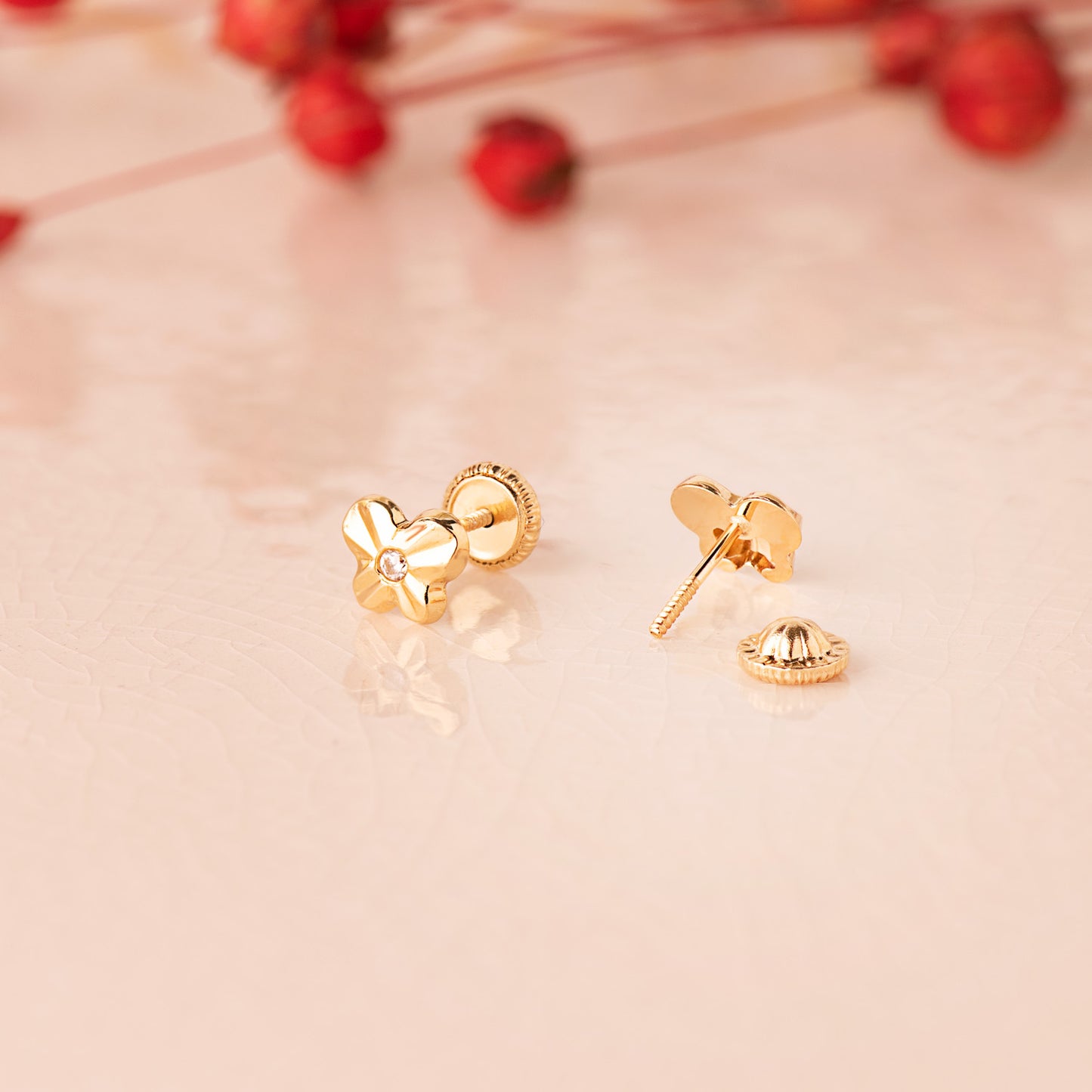 18K PENDIENTES ORO AMARILLO MARIPOSA CON CIRCONITA 6,5 X 5 MM. CIERRE TUERCA