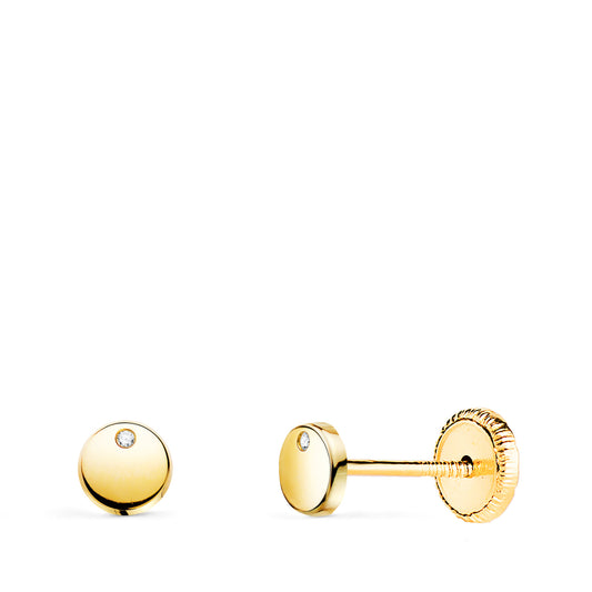 Pendientes Redondos Brillo con Circonita 4,5 mm. Cierre Tuerca de oro amarillo 18K