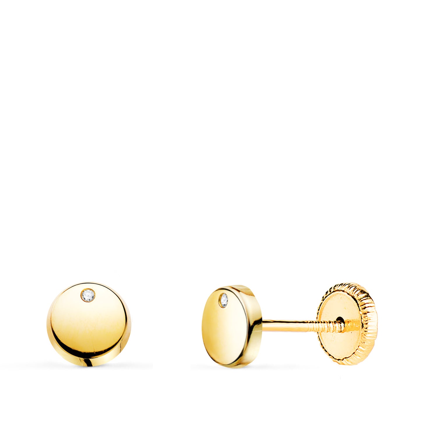 18K PENDIENTES ORO AMARILLO REDONDOS BRILLO CON CIRCONITA 5,5 MM.CIERRE TUERCA