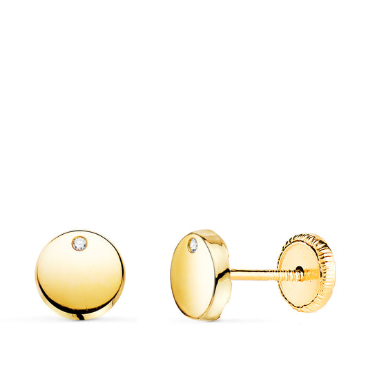 Pendientes Redondos Brillo con Circonita 6,5 mm. Cierre Tuerca de oro amarillo 18K