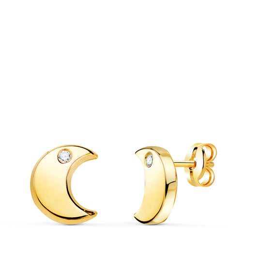Pendientes Media Luna con Circonita en Brillo 9 x 8 mm. de oro amarillo 18K