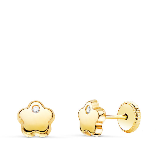 18K PENDIENTES ORO AMARILLO FLOR CON CIRCONITA BRILLO 6X6 MM. CIERRE TUERCA