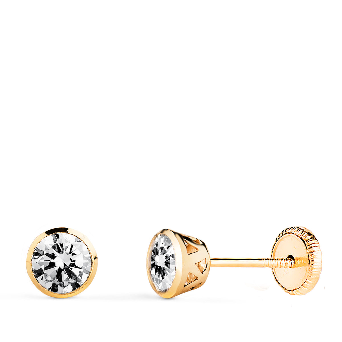 Pendientes Chaton con Circonita Canastilla Calada. Ancho: 5 mm. Cierre Tuerca de oro amarillo 18K