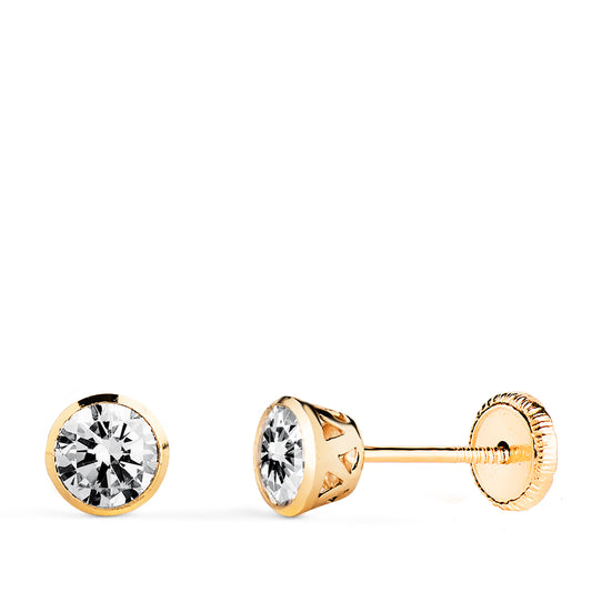 Pendientes Chaton con Circonita Canastilla Calada. Ancho: 5 mm. Cierre Tuerca de oro amarillo 18K