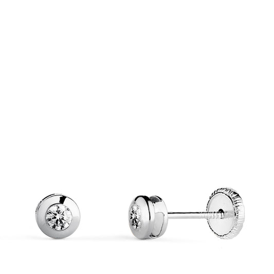 Pendientes Chaton Galeria con Circonita. Medida: 4 mm. Cierre Tuerca de oro blanco 18K