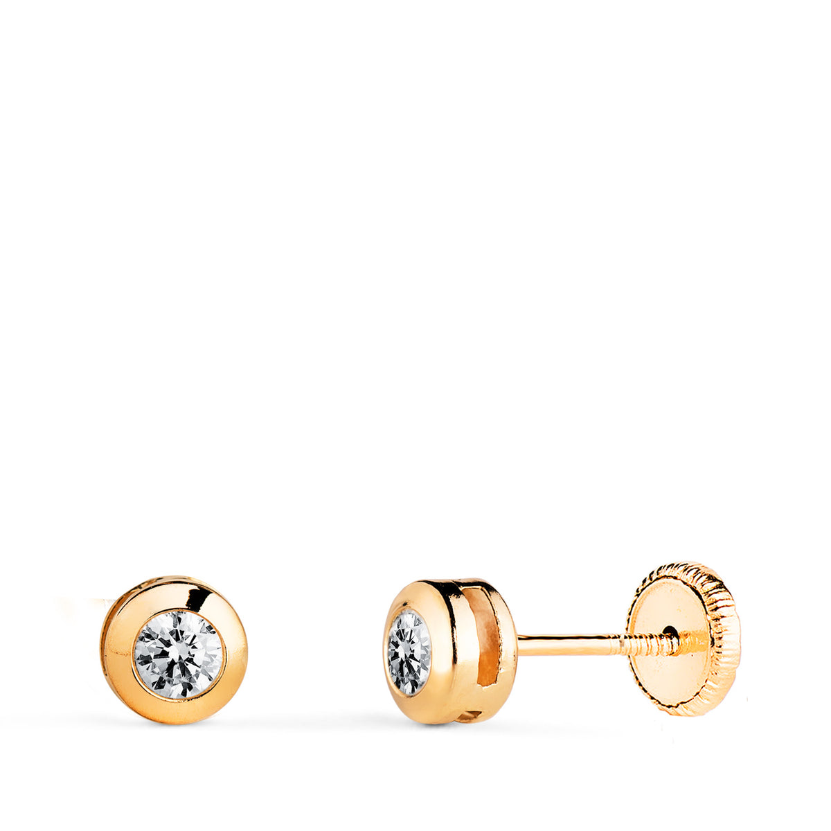 Pendientes Chaton Galeria con Circonita. Medida: 5 mm. Cierre Tuerca de oro amarillo 18K