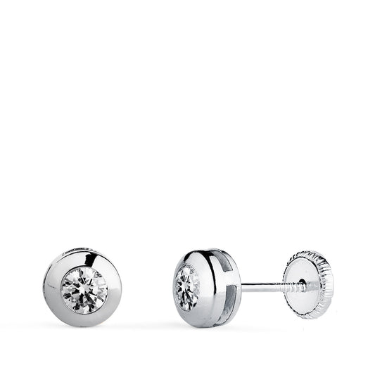 Pendientes Chaton Galeria con Circonita. Medida: 6 mm. Cierre Tuerca de oro blanco 18K