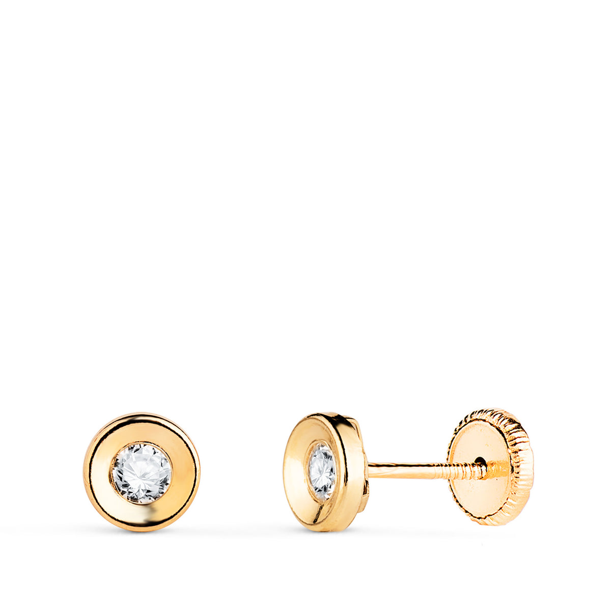 Pendientes Chaton Redondo Concavo con Circonita. Ancho: 5 mm. Cierre Tuerca de oro amarillo 18K
