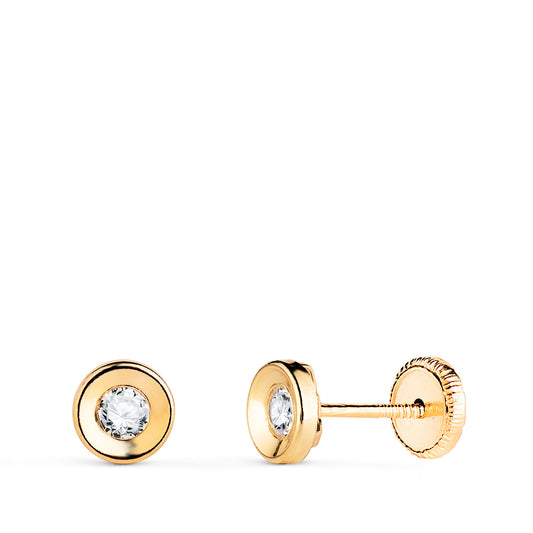 Pendientes Chaton Redondo Concavo con Circonita. Ancho: 5 mm. Cierre Tuerca de oro amarillo 18K