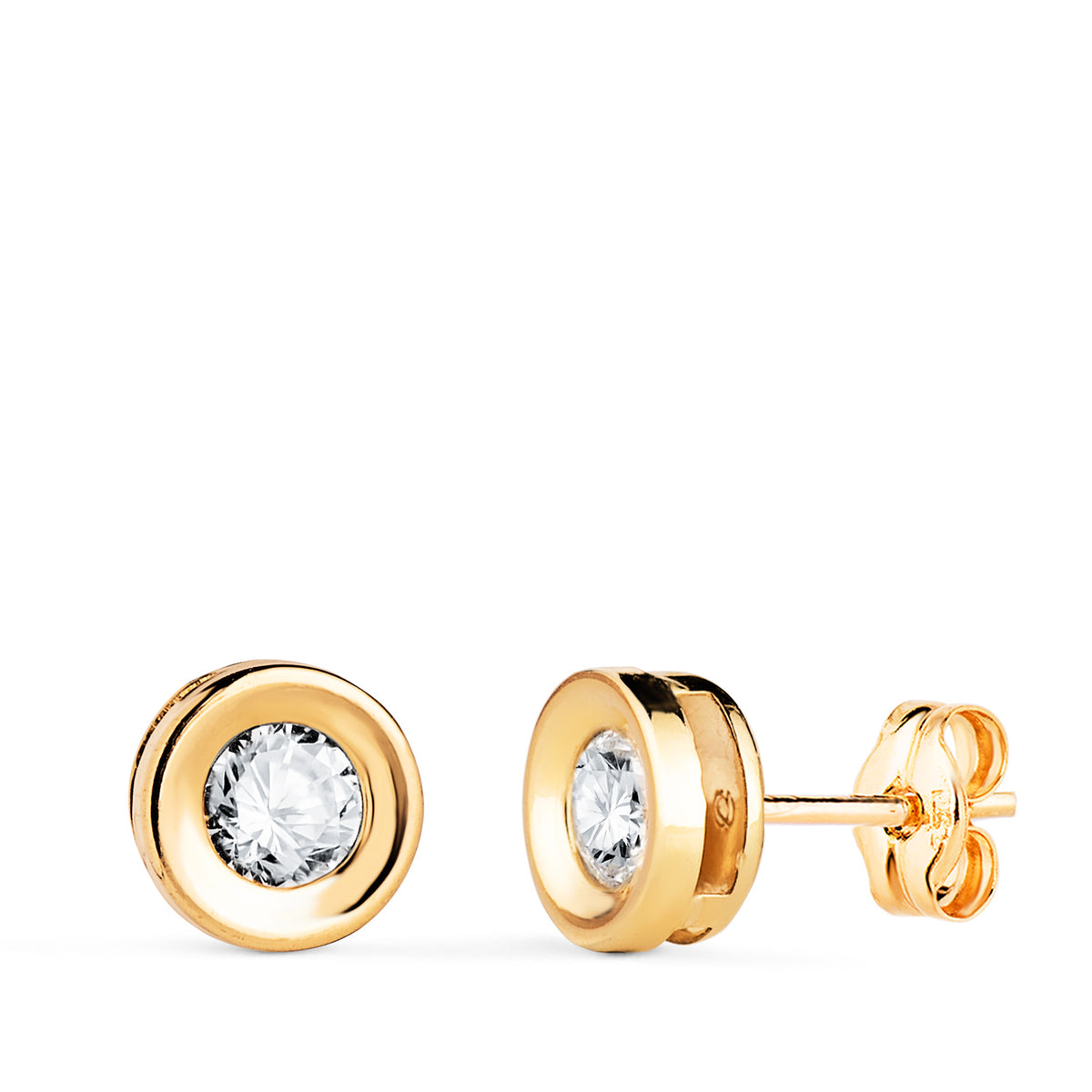 Pendientes Chaton Redondo Concavo con Circonita. Ancho: 7 mm. de oro amarillo 18K
