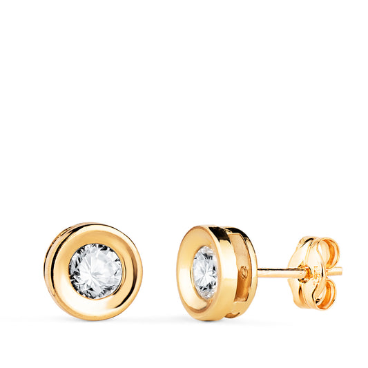 Pendientes Chaton Redondo Concavo con Circonita. Ancho: 7 mm. de oro amarillo 18K