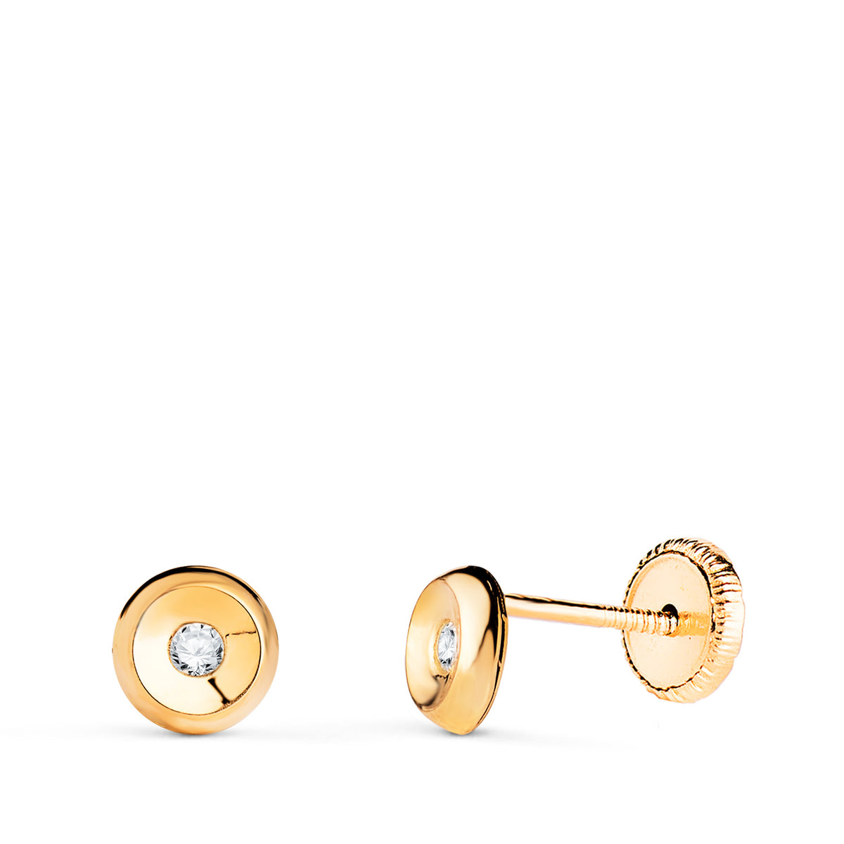 Pendientes Chaton Redondos con Circonita. Medida: 5 mm. Cierre Tuerca de oro amarillo 18K