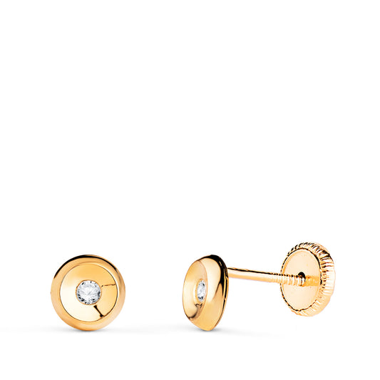 Pendientes Chaton Redondos con Circonita. Medida: 5 mm. Cierre Tuerca de oro amarillo 18K