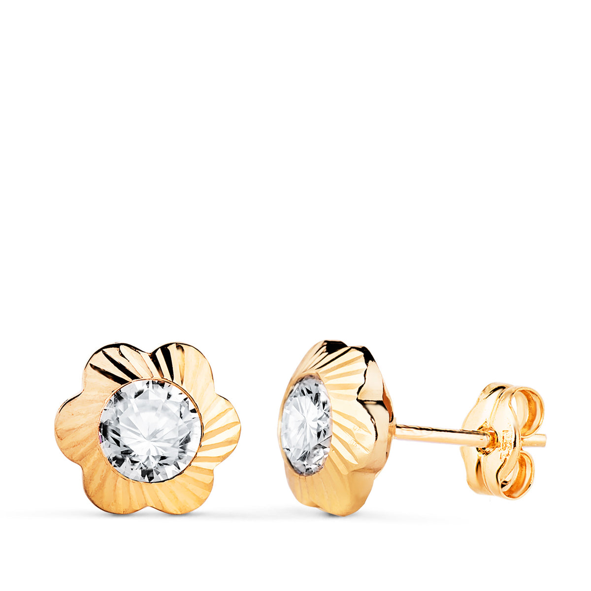 Pendientes Chaton Flor Orla Tallada Circonita. Medida: 9 mm de oro amarillo 18K