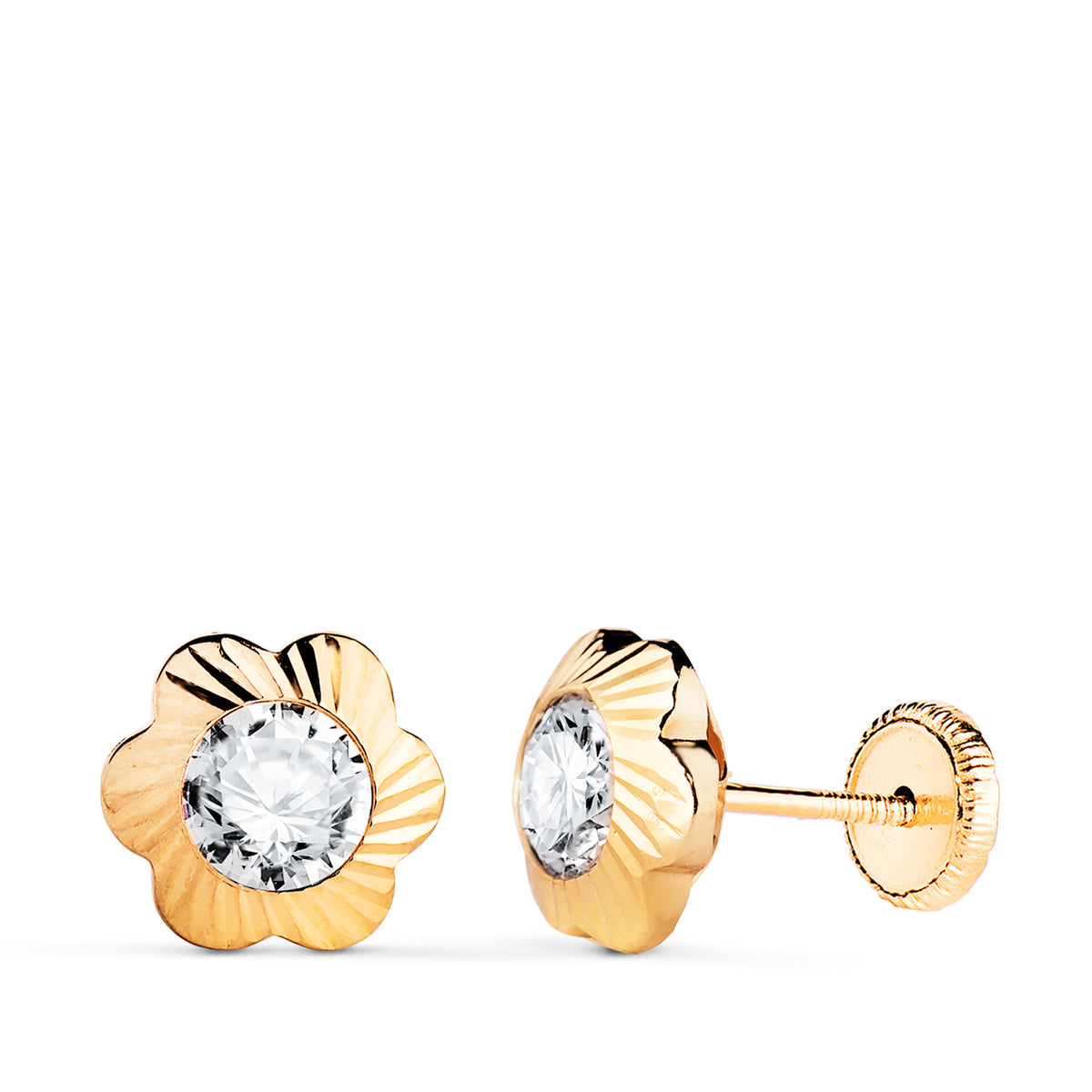 Pendientes Chaton Flor Orla Tallada Circonita. Medida: 9 mm Cierre Tuerca de oro amarillo 18K