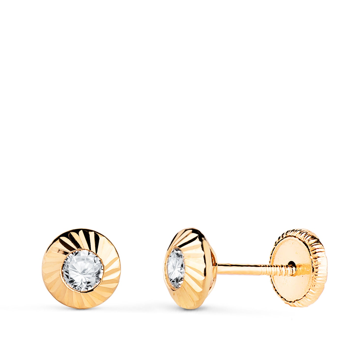18K PENDIENTES ORO AMARILLO REDONDOS ORLA TALLADA CIRCONITA. MEDIDA: 5,5MM CIERRE TUERCA