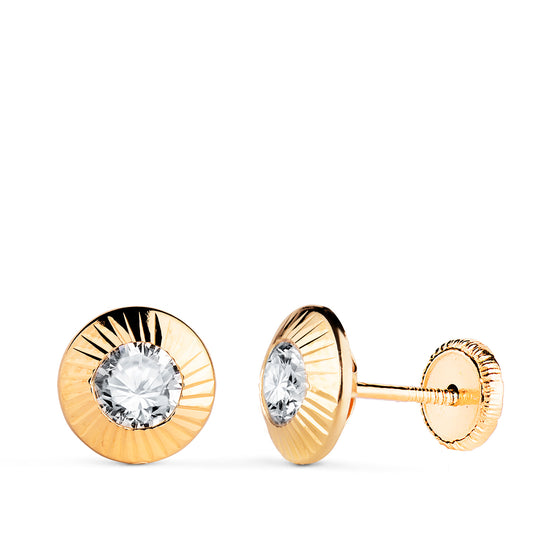18K PENDIENTES ORO AMARILLO REDONDOS ORLA TALLADA CIRCONITA. MEDIDA: 9MM. CIERRE TUERCA
