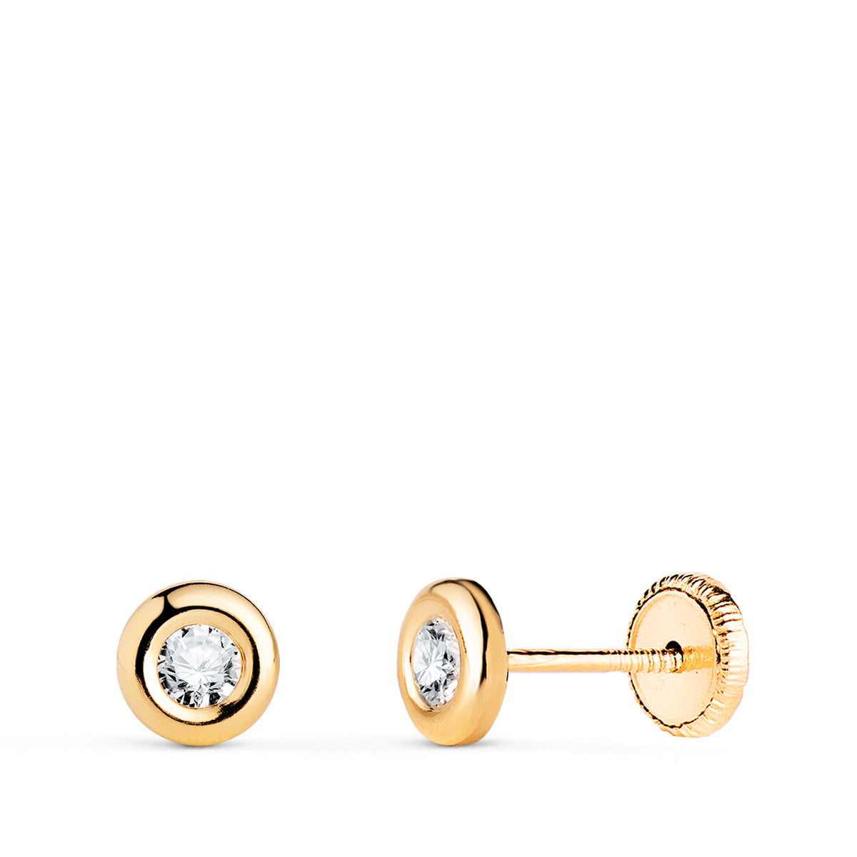 Pendientes Chaton con Circonita. Medida: 5 mm. Cierre Tuerca de oro amarillo 18K