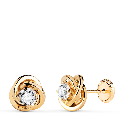 Pendientes Nudo con Circonita. Medida: 8 x 8 mm. Cierre Tuerca de oro amarillo 18K