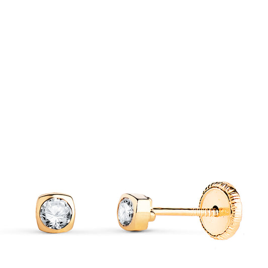 Pendientes Chaton Cuadrados con Circonita. Medida: 3 x 3 mm. Cierre Tuerca de oro amarillo 18K