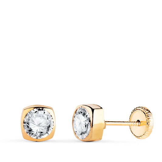 Pendientes Chaton Cuadrados con Circonita. Medida: 5 x 5 mm. Cierre Tuerca de oro amarillo 18K