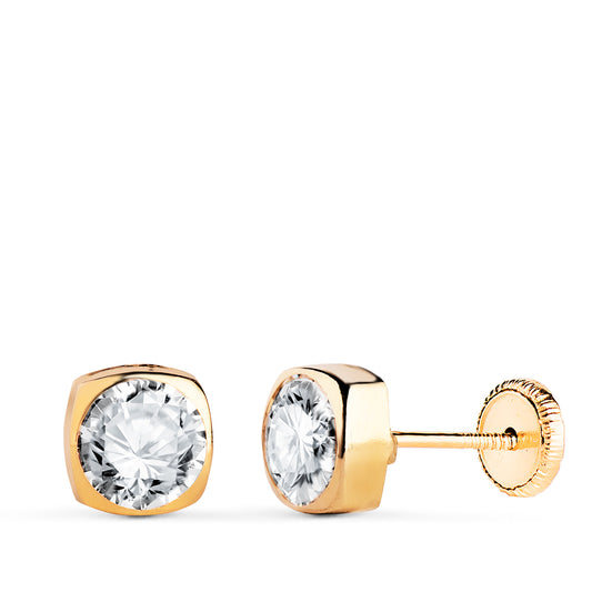 Pendientes Chaton Cuadrados con Circonita. Medida: 6 x 6 mm. Cierre Tuerca de oro amarillo 18K