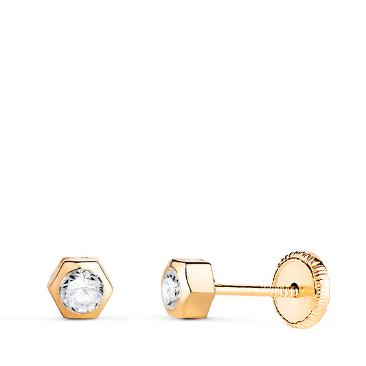 Pendientes Chaton Hexagono con Circonita. Medida: 3,5 x 3 mm. Cierre Tuerca de oro amarillo 18K