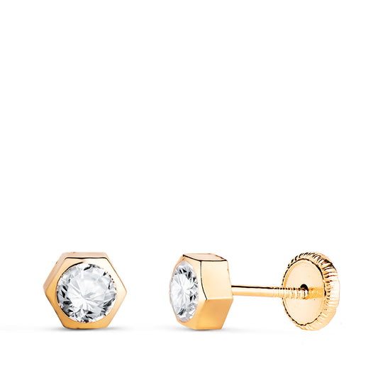 Pendientes Chaton Hexagono con Circonita. Medida: 5 x 4,5 mm. Cierre Tuerca de oro amarillo 18K