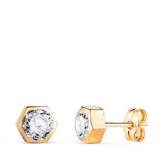 Pendientes Chaton Hexagono con Circonita. Medida: 6 x 5,5 mm. de oro amarillo 18K