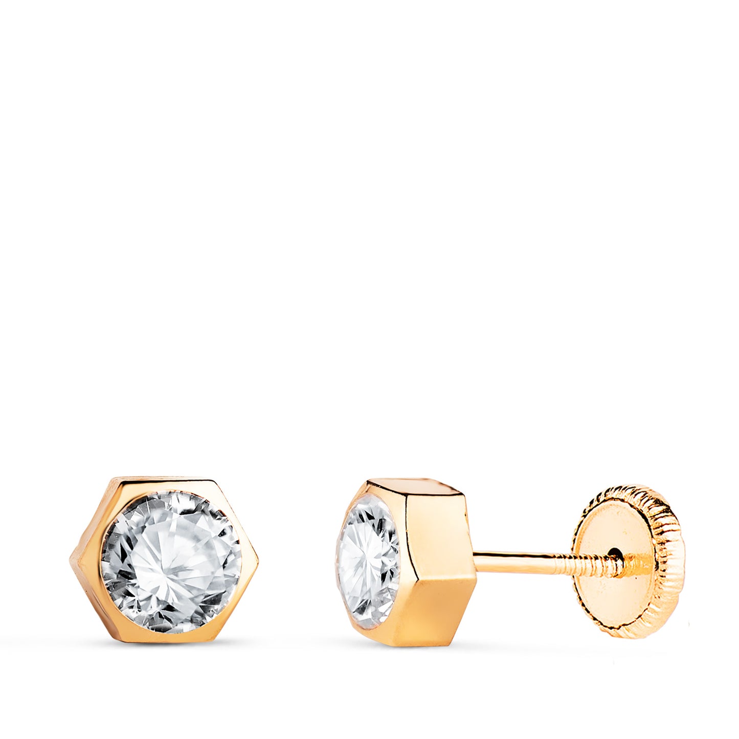 18K PENDIENTES ORO AMARILLO CHATON HEXAGONO CON CIRCONITA. MEDIDA: 6 X 5,5 MM. CIERRE TUERCA