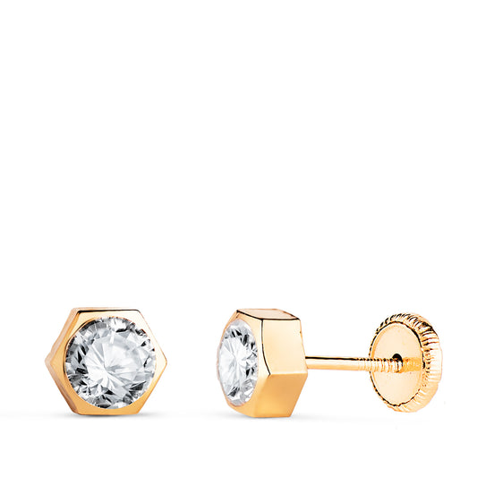 Pendientes Chaton Hexagono con Circonita. Medida: 6 x 5,5 mm. Cierre Tuerca de oro amarillo 18K