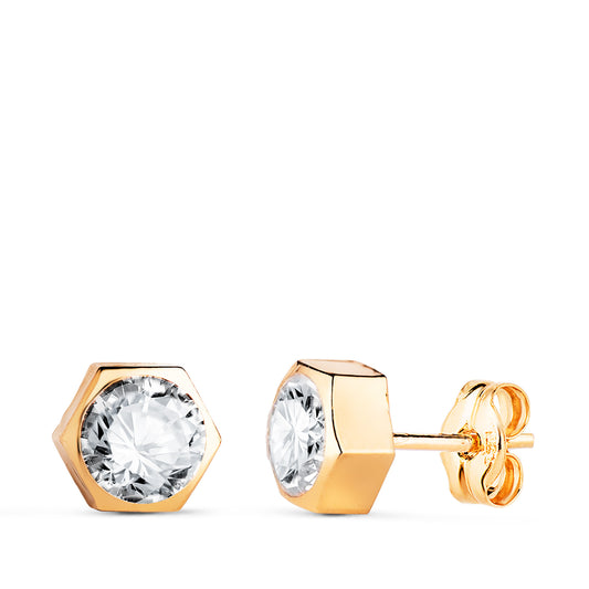 Pendientes Chaton Hexagono con Circonita. Medida: 7 x 6,5 mm. de oro amarillo 18K