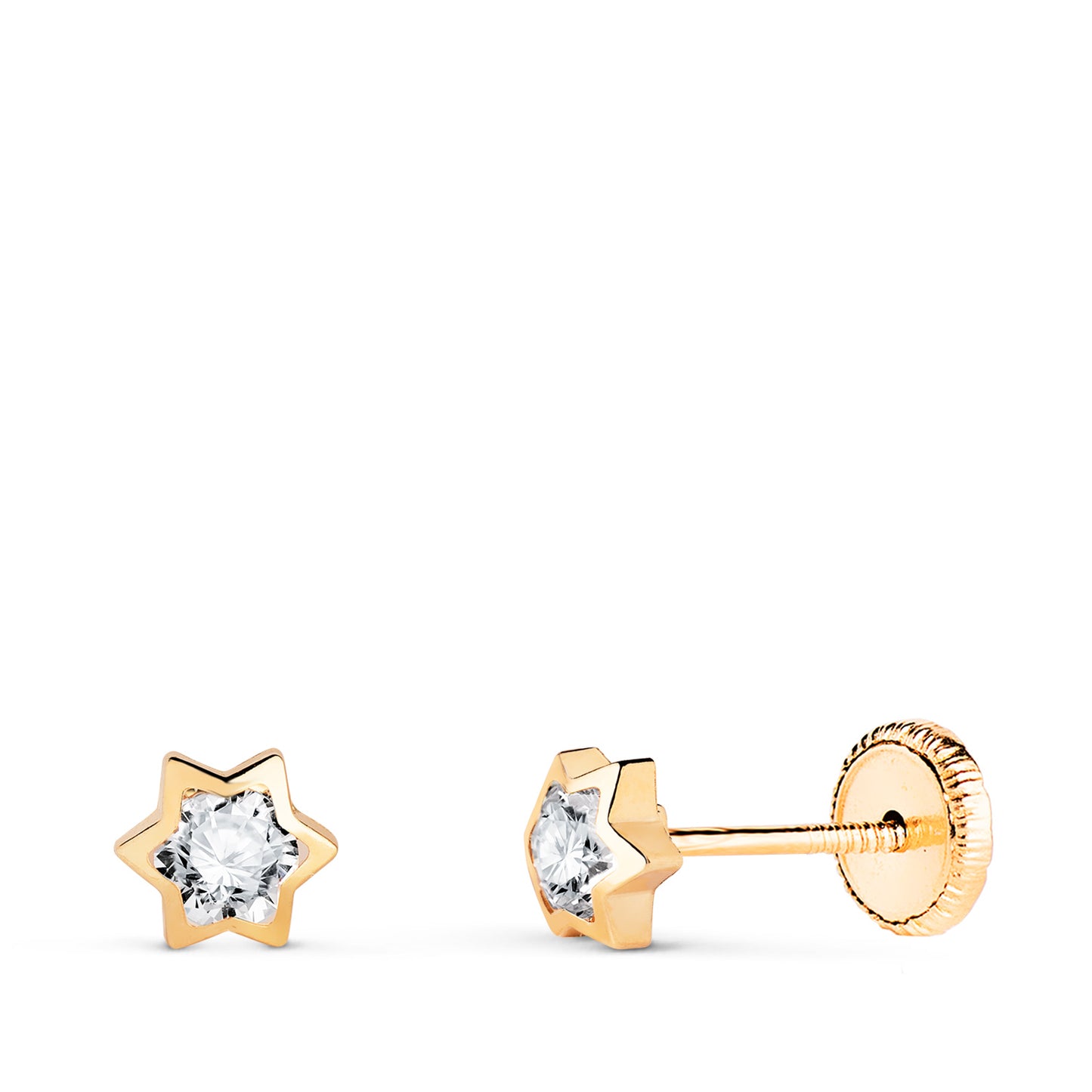 18K PENDIENTES ORO AMARILLO ESTRELLA CON CIRCONITA. MEDIDA: 4,5 X 4 MM. CIERRE TUERCA