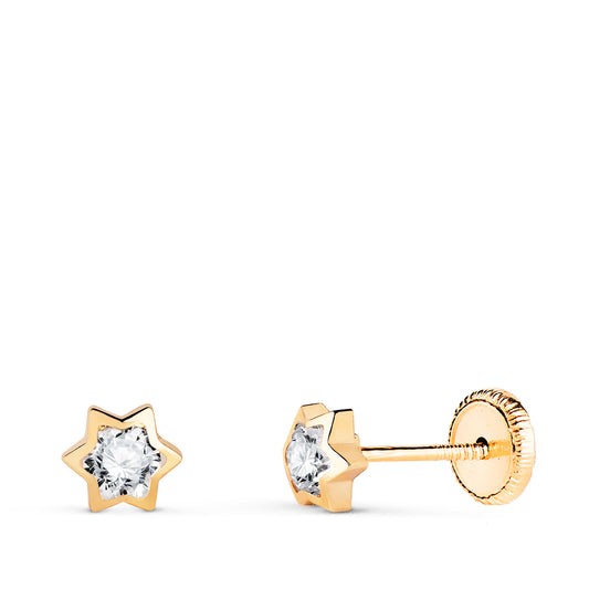 Pendientes Chaton Estrella con Circonita. Medida: 4,5 x 4 mm. Cierre Tuerca de oro amarillo 18K