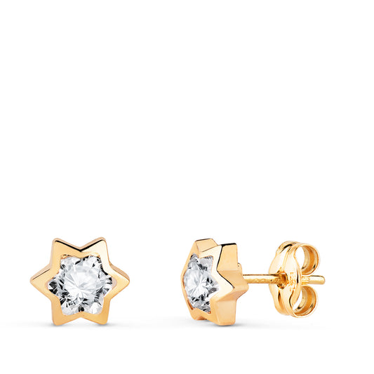 18K PENDIENTES ORO AMARILLO CHATON ESTRELLA CON CIRCONITA. MEDIDA: 6X5,5 MM. CIERRE PRESION