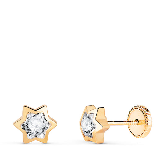 Pendientes Chaton Estrella con Circonita. Medida: 6 x 5,5 mm. Cierre Tuerca de oro amarillo 18K
