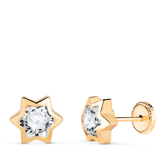 Pendientes Chaton Estrella con Circonita. Medida: 8 x 7 mm. Cierre Tuerca de oro amarillo 18K