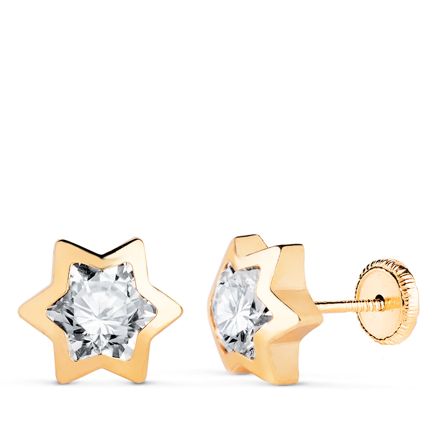 18K PENDIENTES ORO AMARILLO CHATON ESTRELLA CON CIRCONITA. MEDIDA: 9X8 MM. CIERRE TUERCA