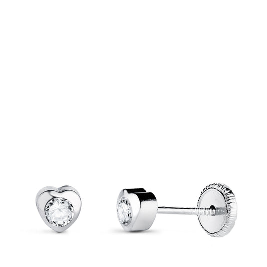 18K PENDIENTES ORO BLANCO CORAZON CON CIRCONITA. MEDIDA: 4 X 4 MM CIERRE TUERCA
