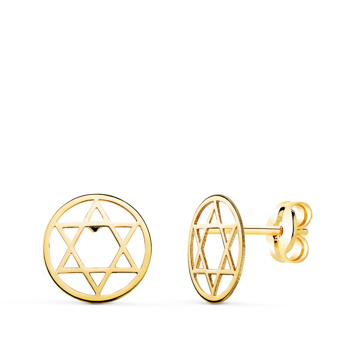 Pendientes Redondos Estrella de David Brillo 8 mm. de oro amarillo 18K