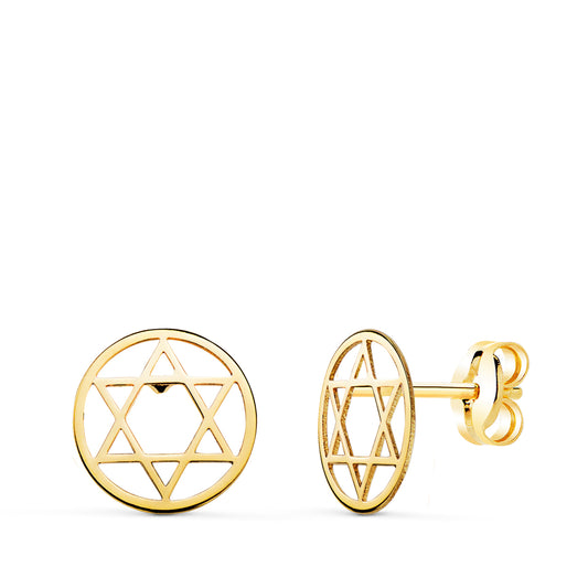 Pendientes Redondos Estrella de David Brillo 8 mm. de oro amarillo 18K