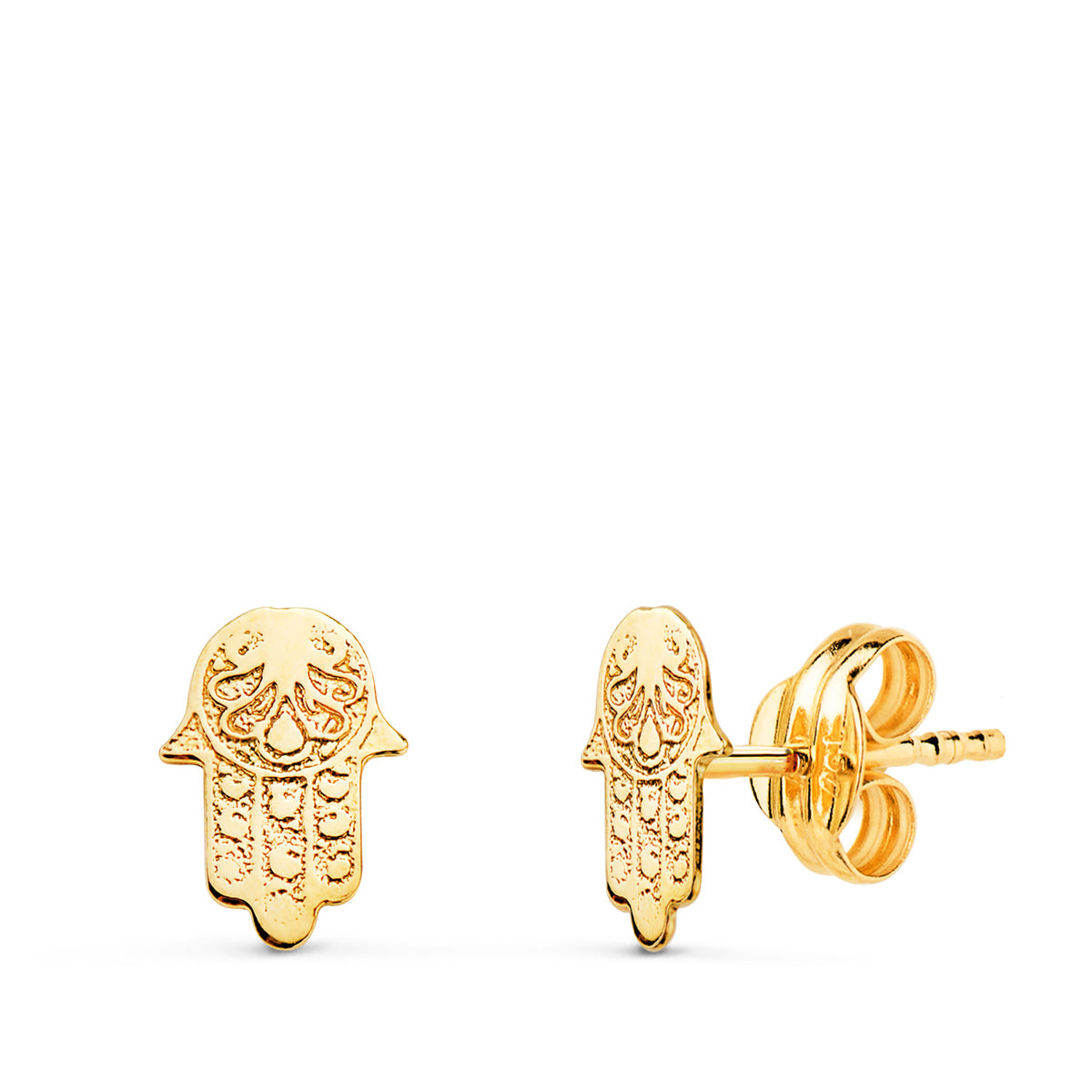 Pendientes Mano de Fatima Relieve 7 x 5 mm. de oro amarillo 18K