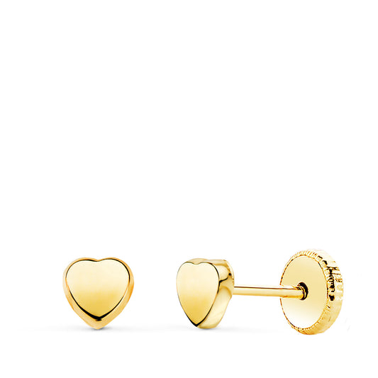 Pendientes Corazon Liso en Brillo 4 x 4 mm. Cierre Tuerca de oro amarillo 18K